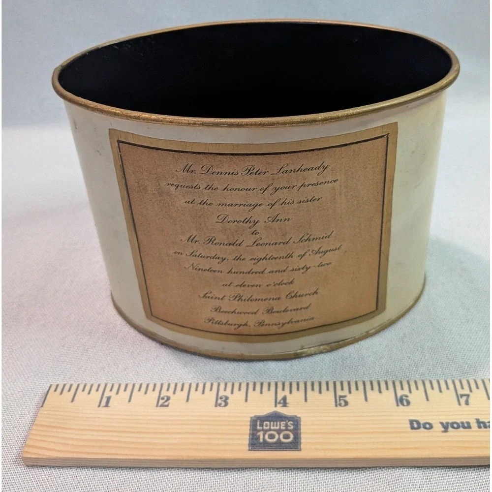 Jean Crowell Studio Wastebasket Vintage 1962 Wedding Invitation Cream Gold Good